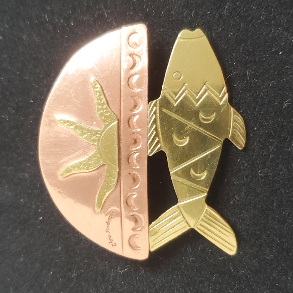 Chris Anderson Signed Handmade Copper And Brass Sun and Fish Brooch